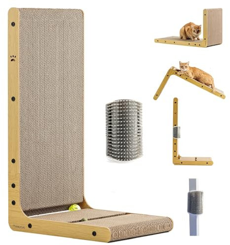 KUKUTSHU Rascador para Gatos Forma de L de 68 cm - Ideal para Gatos Grandes - con Juguete de Bola con Cascabel - Bola de Hierba Gatera y Cepillo de Masajes - Panel de una Pieza para Mayor Estabilidad