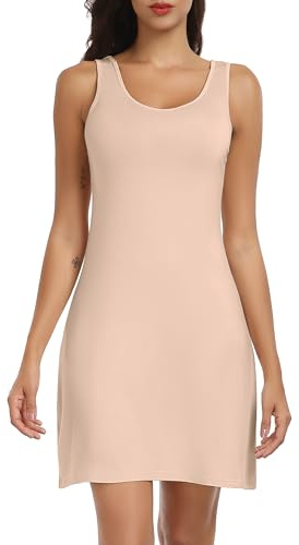 Lovasy Combinacion Interior Mujer Vestidos Modal Camisones de Mujer Corto Camison Tirantes Anchos Enaguas Enteras,Beige,S