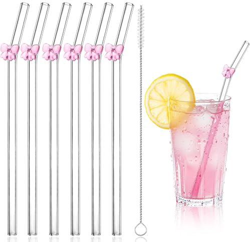 FloralGrace 6 Piece Bow Cute Reusable 20CM Clear Charm Glass Shatterproof Borosilicate Straw Set with Cleaning Brush (Pink)