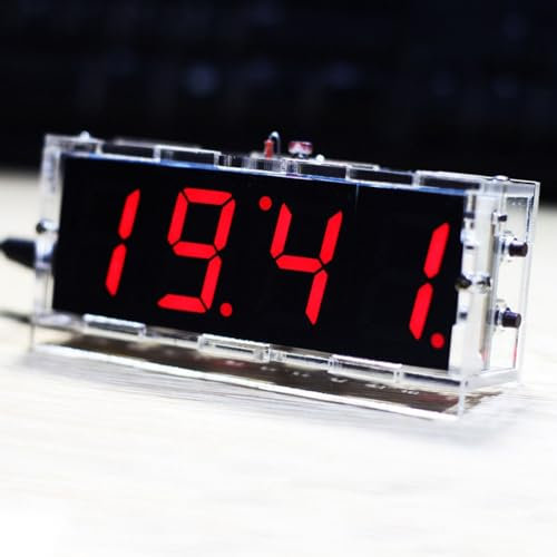 Risegun DIY Digitaluhr Bausatz 4 Stellige LED Uhr Elektronische Uhr Set, Digitale Uhren mit Automatischer Anzeige/Alarmfunktion/Timerfunktion (Rot)
