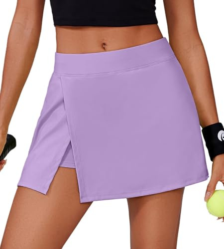 PINSPARK Gonna da tennis da donna con pantaloni, gonna sportiva, da golf, a vita alta, da tennis, con 2 tasche e spacco laterale, gonna estiva, mini gonna da corsa, per escursioni, corsa, Lilla, M