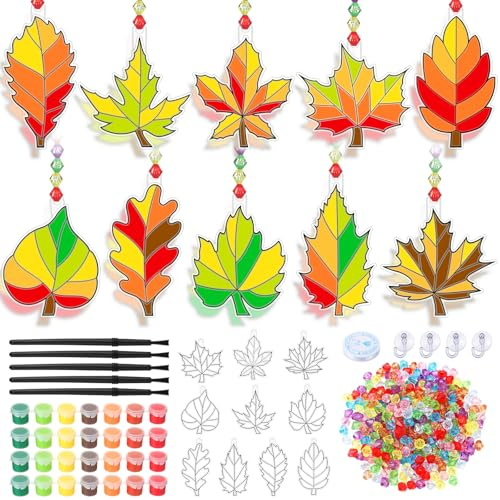 Beeveer 30 Sets Fall Leaf Suncatchers Art Kits DIY Autumn Maple Leaf Suncatcher Crafts Paint Your Own Window Ornaments for Boys Girls Classroom School Thanksgiving Harvest Activity Party Favor