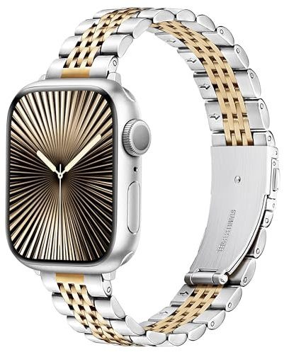 wipalor Slim Stainless Steel Straps Fit Apple Watch Straps Women 42mm(Series 11 10) 41mm 40mm 38mm, Ladies Metal iWatch Strap Band for Apple Watch Strap Series 10 SE 9 8 7 6 5 4 3 2 1, Silver/Gold