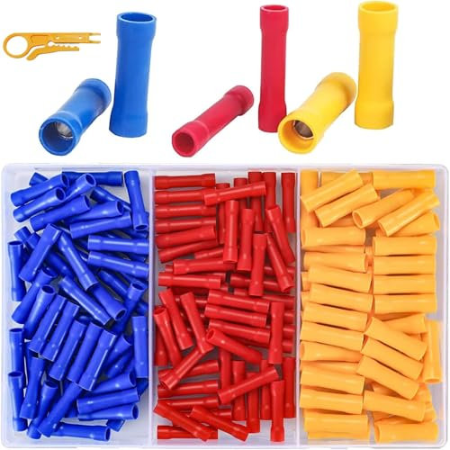 200 Stück Quetschverbinder Kfz, Stoßverbinder 0,5mm²-6 mm² mit Abisolierzange Isoliert Kabelverbinder Set Kabelschuhe für Crimpverbinder Kabel Rot Gelb Blau