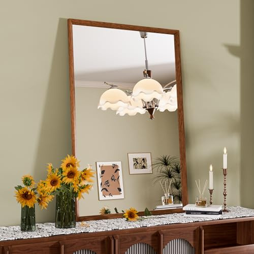 Snowdool Vintage Wandspiegel in Braun, 60 x 90 cm, Kosmetikspiegel mit rechteckigem Rahmen, kann horizontal oder vertikal aufgehängt Werden, dekorativ für Badezimmer, Schlafzimmer, Wohnzimmer