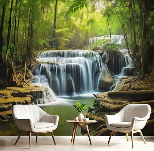 3D Fototapeten Wasserfallwald Olivgrün 350X256Cm Fototapete, Panorama Wanddeko Wandbild Wandtapete, Tropische Natur Tapete, Wohnzimmer Schlafzimmer Büro Flur Wand Dekoration