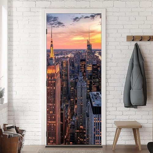 Adesivo per Porta New York City Adesivi Porte Interne, Adesivo per Porte Scena Notturna di New York Murale, Autoadesivo Camera da Letto Soggiorno Parete Arredo Casa Poster 88 x 200 cm q.9484