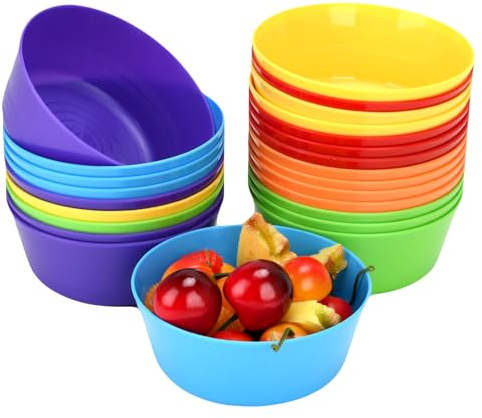 LYHLYA 24-Pack Plastic Bowls 10 oz Microwave Dishwasher Safe Stackable | 6 vibrant colors (4 each), lightweight, versatile for snacks cereal soup, party camping, BPA-free