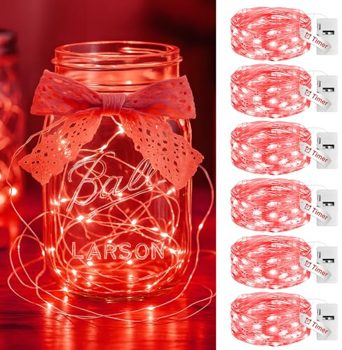 litogo Guirlande LED à Pile avec Minuterie Lot de 6, 2M/20LED 3 Mode Mini Petite Guirlandes Lumineuse a Piles, Étanche Guirlande Led Décoration pour Chambre Plate Exterieur Noël Interieur, Rouge