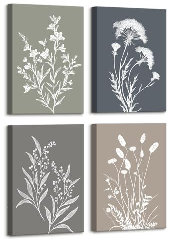 4 Pcs Wooden Framed Canvas Wall Art Set Boho Botanical Rustic Floral Canvas Prints Poster Vintage Minimalist Neutral Flower Pictures for Living Room Bedroom Hallway Farmhouse Wall Decor 30x40 cm x4