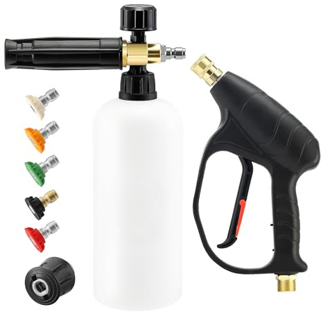 Tool Daily Pressure Washer Short Gun with Foam Cannon, Adapter Compatible with Karcher K2 K3 K4 K5 K6 K7, Snow Foam Bottle for Car Wash, 5 Jet Wash Nozzles, 1/4 Quick Connect, 1 Liter