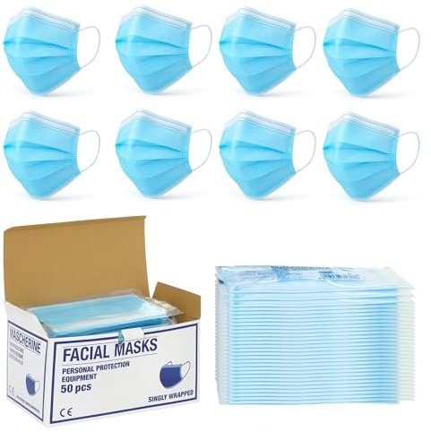 Bottari Einweg-Gesichtsmasken, 3-lagig, einzeln verpackt, CE-zertifiziert, persönliche Schutzvorrichtung, mit weichen Gummibändern, Packung mit 50 Stück
