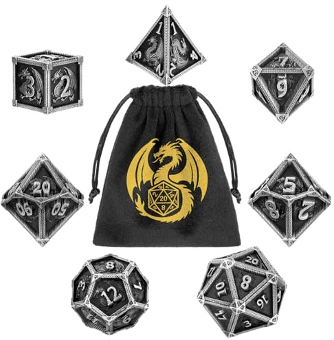 DND Metall Würfel Set, 7-teiliges Polyedrisches Metall Würfel, Drache Thema | RPG, MTG, Rollenspiel Brettspiel Zubehör, D&D Geschenke, D20, D12, 2 D10 (00-90 und 0-9), D8, D6 und D4, mit Geschenktasche