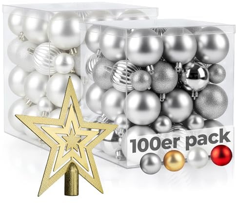 Menz Weihnachtskugeln 101er Weiß & Silber mit Glanz Matt Glitter 3 4 6cm inklusive Sternspitze hochwertige Christbaumkugeln perfekte Weihnachtsdeko für jeden Baum
