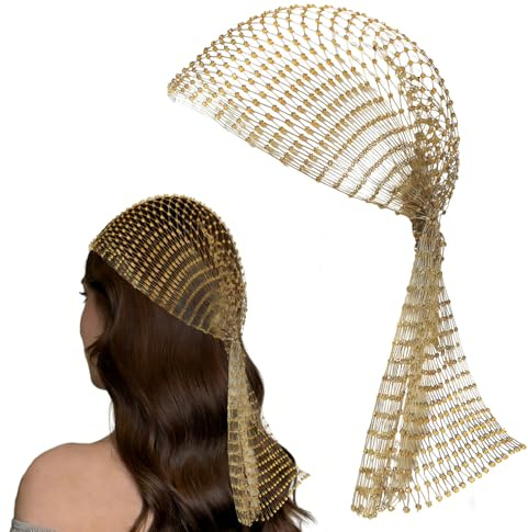 TIHNY Kettenhemd-Haarband Damen, 90 cm elastisches Strass-Fischnetz, hohles Mesh-Design, Haar-Schmuck für Party & Disco, Gold