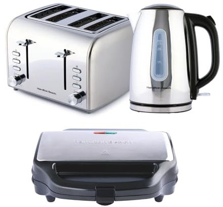 Hamilton Beach Kettle Toaster & Sandwich Toaster Set, Rise, Polished, Electric Kettle 1.7L, Toaster 4 Slice, Kettle & Toaster Set, Deep Fill Sandwich Toaster, Kitchen Set, Silver - HBRISE4ST