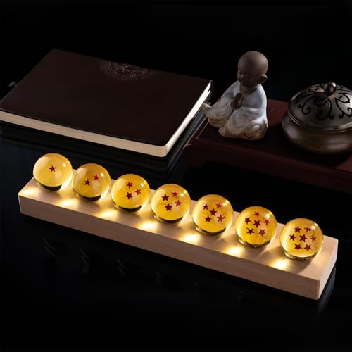 FIYSON 7 Stück Dragon Balls, Dragon Balls 1 bis 7 Sterne,3D Kristallkugel Nachtlicht, USB 40mm GlasKugel, mit Holzsockel, Dragonball Z LED Ball Lampe Anime-Fans Sammlerstücke Geschenk (Gelb–Lang)