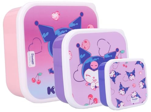 My sweety pop | Kuromi 3er-Set Brotdosen für Kinder | stapelbare Snackboxen ohne BPA | ideal für Schule, Picknick und Ausflüge | Kawaii Hello Kitty & Friends Design | Rosa und Violett