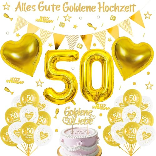 50er Ballon Set Jubiläum Deko,Goldene Hochzeit Deko,GoldeneS HochzeitDeko | Gold 50 Hochzeitstag Dekoration Banner Ballons und Tortendeko,Goldene deko,für Goldenehochzeit,50.Jubiläum,50.Geburtstag