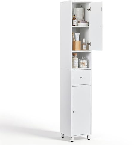 LEADZM Badezimmerschrank, Badezimmermöbel，30 x 30 x 170 cm (Weiß) | Badschrank mit 1 Schublade, verstellbare Ablagen, offenes Fach