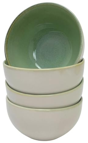 Carousel Home Set of 4 Green Reactive Glaze Stoneware Bowls, 580ml Ceramic Cereal Soup Kitchen Bowls 13.5cm