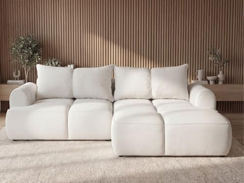 GRAINGOLD Boono Ecksofa 282x170 cm, L-Form Sofa, Ecksofa für Wohnzimmer, Veloursstoff, 4-Sitzer Eckcouch, Ecksofa mit Stauraum und Bettfunktion, Modernes Design (Creme, Rechts)