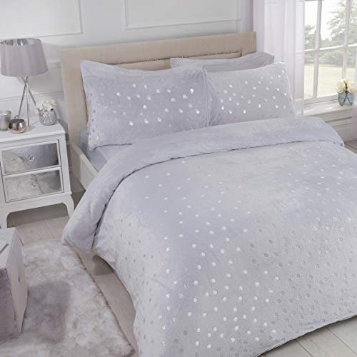 Sleepdown Polka Dot Foil Fleece Grey Soft Warm Cosy Duvet Cover Quilt Bedding Set with Pillowcases - Super King (260cm x 230cm), 5056242741251