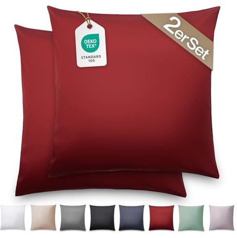 Blumtal Mako Satin Kissenbezug 50x50 Baumwolle Rot - 2er Set Kissenbezüge aus 100% Baumwolle - Edle Glanzoptik & Reißverschluss - Satin Kissenbezug für Kissen 50x50 Dekokissen & Sofakissen