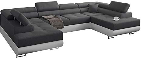 Ecksofa Miami U mit Schlaffunktion, Eckcouch mit Bettkasten, U Form Couch, Ecksofa mit Bettkasten, Sofagarnitur mit Schalffunktion, 338 x 203 cm (Dunkelgrau + Weißer Kunstleder -EKO)