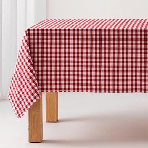 Nappe Anti-Taches Tableau Vichy, Coton, Toucher Tissu, 140x240 cm, Couleur Rouge