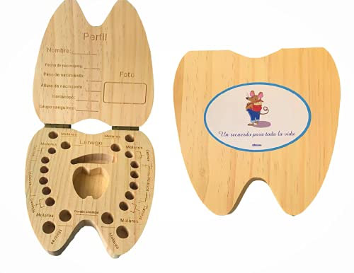 ABUBU Caja para Guardar Dientes para Niños y Niñas, El Ratoncito Pérez, Caja de Madera para Dientes de Leche, Recuerdo Infancia (Español)