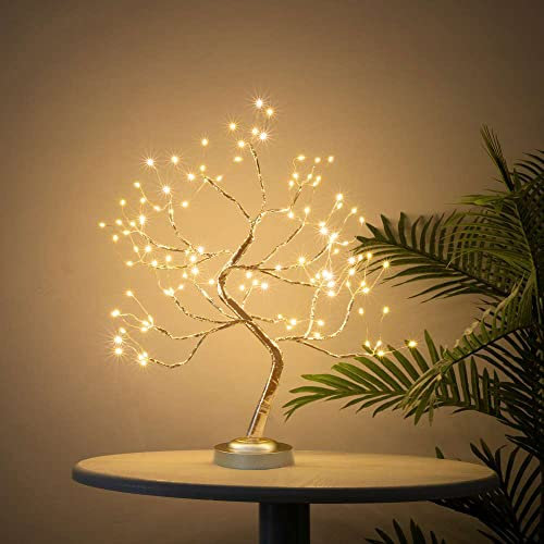 Bonsai Tree Light Golden Matte 20 Inches Artificial Tabletop Fairy Light Tree Lamp,Eight Lighting Modes,USB or Battery Operated with Timer,Decor of Bedroom,Living Room,Christmas (Warm White)