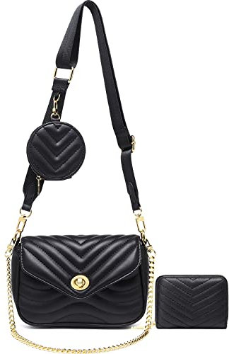 JEEHAN Gesteppte Umhängetaschen für Damen, Designer-Schultertasche, kleine Geldbörse, AB-black