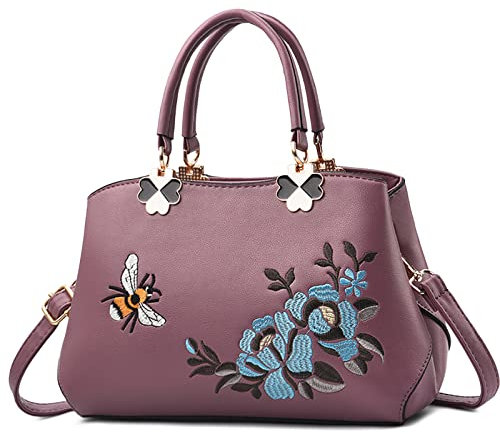 VARLIVOO Elegant Damen Handtaschen Stickerei Schultertaschen Frauen Umhängetasche Taschen Reisen Shopper Taschen Damen Taschen Crossbody Bag Arbeit Reisen PU Leder Lila A