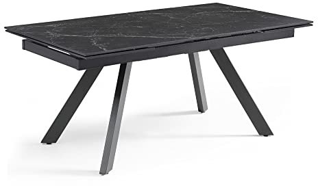 Esstisch, ausziehbar, 160/240 cm, aus Keramik, schwarz, marmoriert, matt, mit 4 abgeschrägten Beinen, Metall, Schwarz – Indiana 08