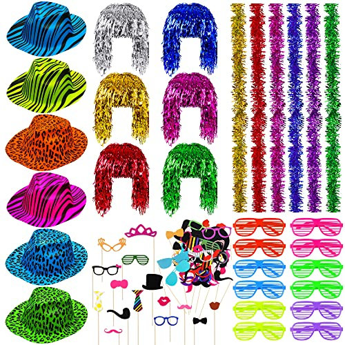 Aodaer 108-Piece Neon Party Set - Neon Hats, Metallic Foil Tinsel Wigs, Shutter Eyeglasses, Colorful Boa, Photo Booth Props for Adults