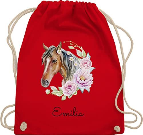 Turnbeutel Rucksack - Pferd Pferde - Wunschname Pferdekopf Name I Pferdemotiv I Geschenk Pferdemädchen - Unisize - Rot - beutel für kindergarten pferderucksäcke pferden horse sportbeutel