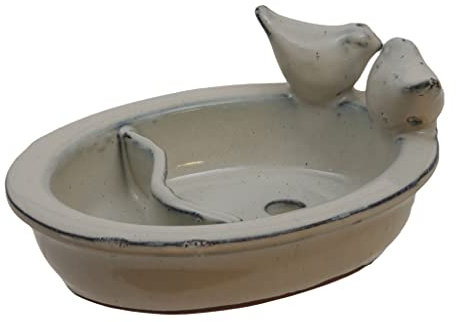 RiloStore Vogeltränke oval Vogelbad o235 Creme beige Vogelbecken Futterschale 2 Kammern Wasser Körner Keramik Wasserstelle Vogelfutterstelle 22x16x5cm