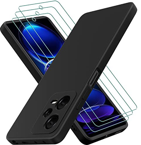 Oureidoo Funda para Xiaomi Redmi Note 12 Pro 5G con 3 Piezas Cristal Templado, Carcasa de Sedoso-Tacto Suave Silicona, Cubierta a Prueba de Golpes con Forro de Microfibra, Negro
