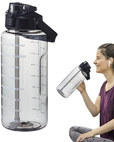 Anloximt Inspirierende Wasserflasche 2L Motivations-Wasserflasche mit Zeitmarke Strohhalm Auslaufsicherer Wasserkrug für Sport, Outdoor