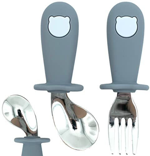 ERNESTINE - Couverts bébé ergonomiques en silicone alimentaire et acier inoxydable - couverts bébé apprentissage diversification alimentaire dme - cuillère fourchette bébé souple alimentation enfant