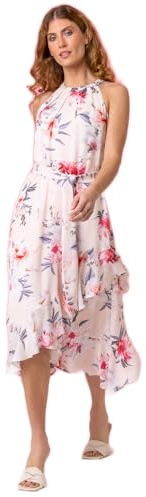 Roman Originals Women Halter Neck Frill Midi Dress - Ladies Special Occasion Evening Party Wedding Guest Print Ruffle Detail Sleeveless Round Neck Dresses - Pink Blue Fuschia - Size 14