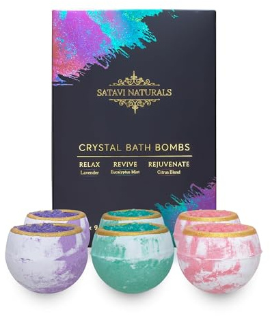 Satavi Naturals Crystal Bath Bombs Gift Set (6 Pack) – Aromatherapy Geode Fizzies with Nourishing Bath Salts – Lavender, Eucalyptus Mint & Citrus – Spa Gifts for Women, Relaxation & Moisturizing