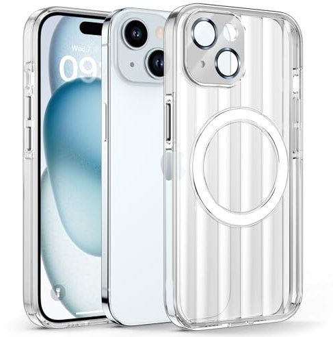 HWeggo for iPhone 15 Case Magnetic,Compatible with MagSafe,Translucent Non-Yellowing Phone Cover with All-in-one 9H Tempered Glass Camera Protector,Breathable Thermal&Scratch Resistant,White