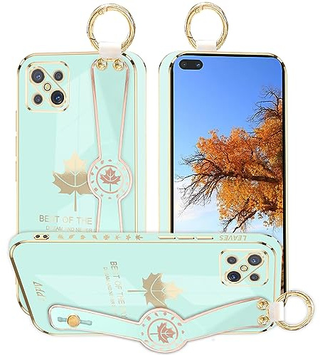 Kainevy Handyhülle für Oppo Reno 4z 5G Hülle mit Band Handgelenk Ständer, Aesthetic Lila Silikon Weich TPU Case Dünn Schutzhülle mit Ahornblätter Muster Design für Männer Frauen (Mintgrün)