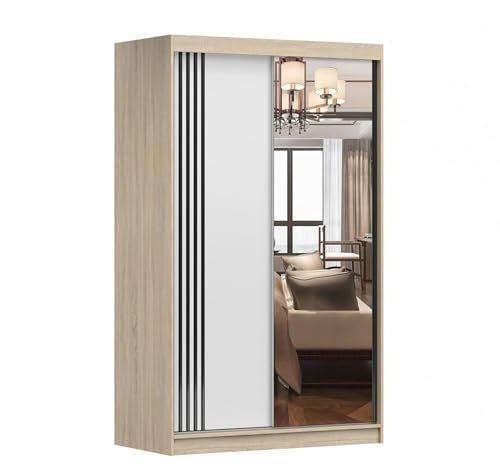Kleider Kleiderschrank mit Spiegel Schwebetürenschrank 2-türig Schrank mit Einlegeböden und Kleiderstange Schiebtüren Schlafzimmer Wohnzimmerschrank 120x200x61 cm - NOAH 07 (Sonoma + Weiß, 120)