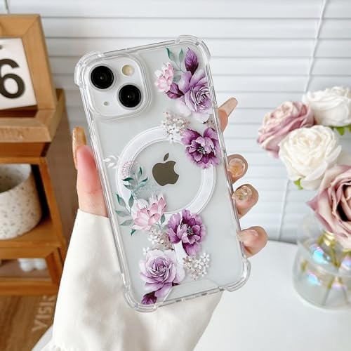 DEFBSC Magnetic Case for iPhone 15 Plus [Compatible with Magsafe], Clear Floral Flower Print Design Flexible Acrylic Bumper Protective Shockproof Case for iPhone 15 Plus - Purple Peony