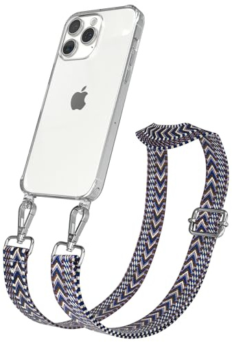 EAZY CASE Handykette - Verstellbares Taschenband kompatibel mit iPhone 15 Pro Max, Schulterriemen, Handykordel mit Silikon Hülle, Umhängetasche, Blau Weiß Silber