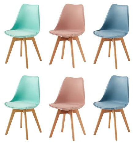 EGGREE 6er Set Esszimmerstühle mit Massivholz Buche Bein SGS Geprüfter Skandinavisch Design Gepolsterter aus PU-Leder Küchenstuhl Essstühle, 2 Mintgrün + 2 Rauchrosa + 2 Hellblau
