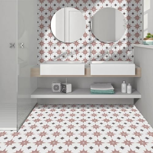 Alwayspon 12Pcs 30x30cm Pink Polar Star Thickened Peel and Stick Vinyl Floor Tiles Sticker, Self-Adhesive Waterproof Backsplash Sticker Wall Tile Transfer Stickers for Kitchen Bathroom